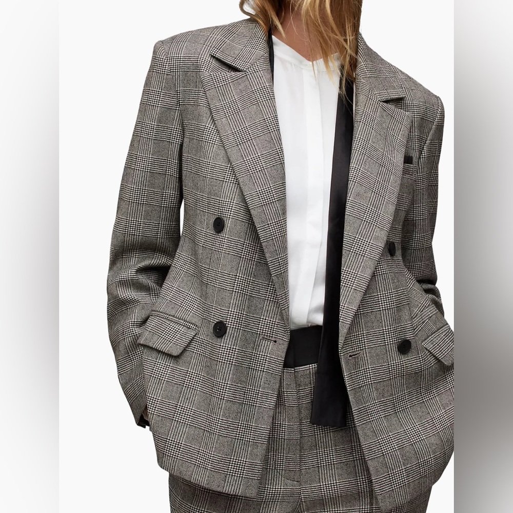 All Saints Bea Check Double Breasted Wool Blend Blazer NWT Size US 6